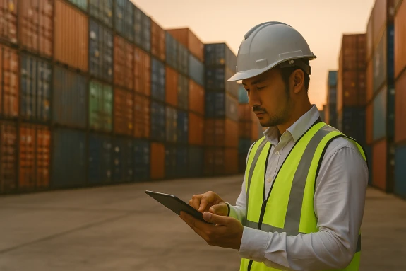 Shipping container yard with worker