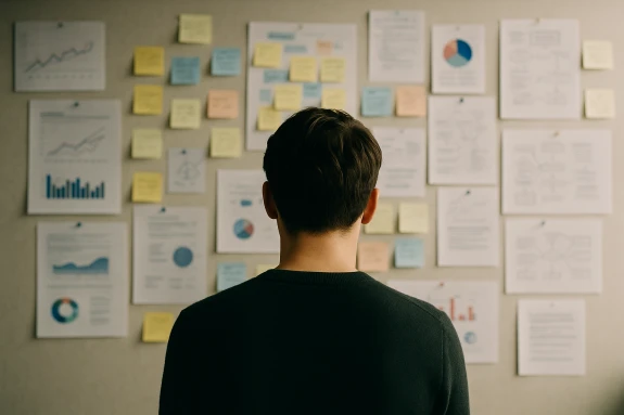 A man with his back to camera looks at a wall covered in notes and printed documents